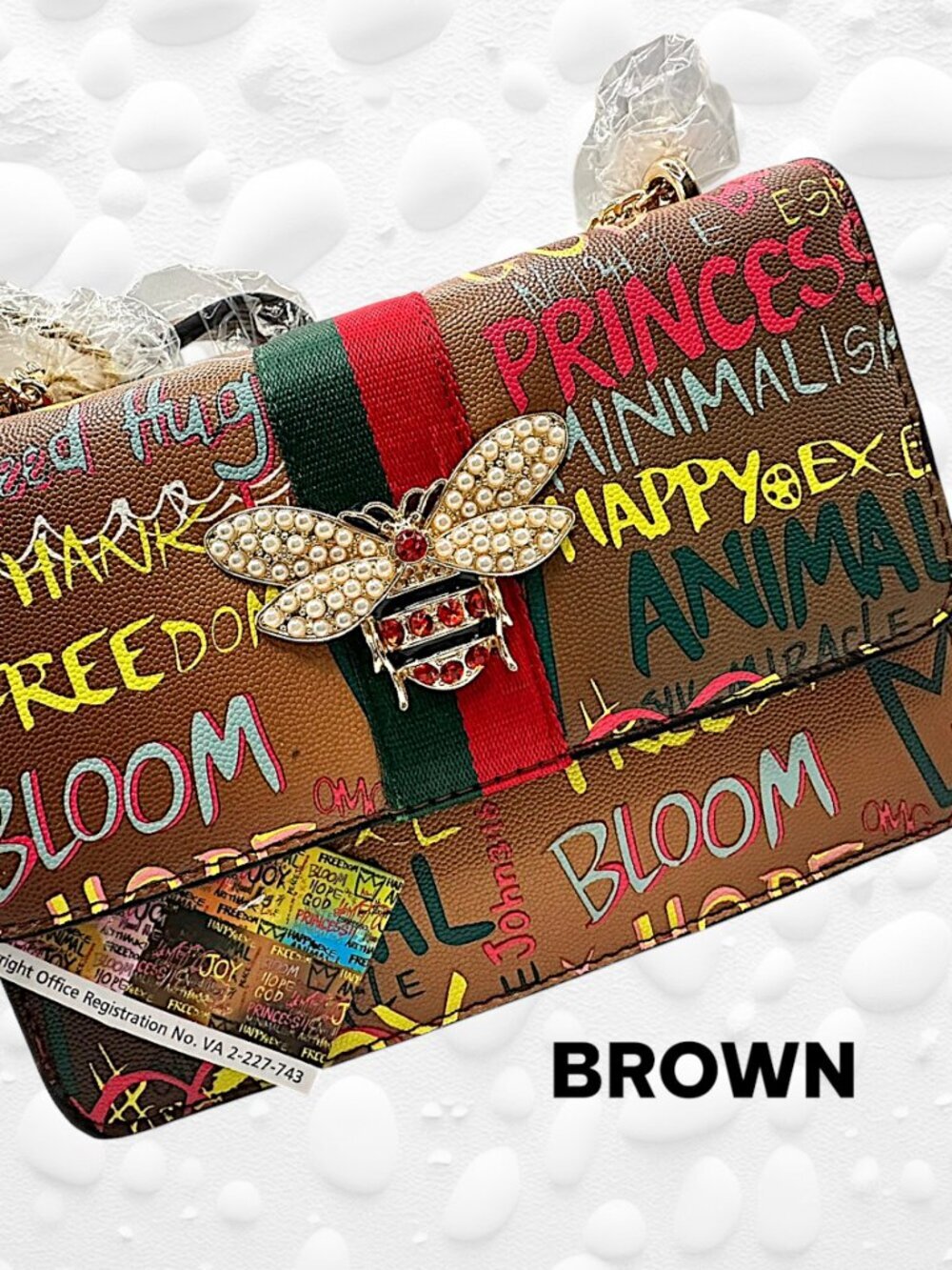 DOUBLE THE DRAMA — BROWN or BLACK Graffiti Queen Bee Square/Crossbody Bag NWT - Picture 2 of 9